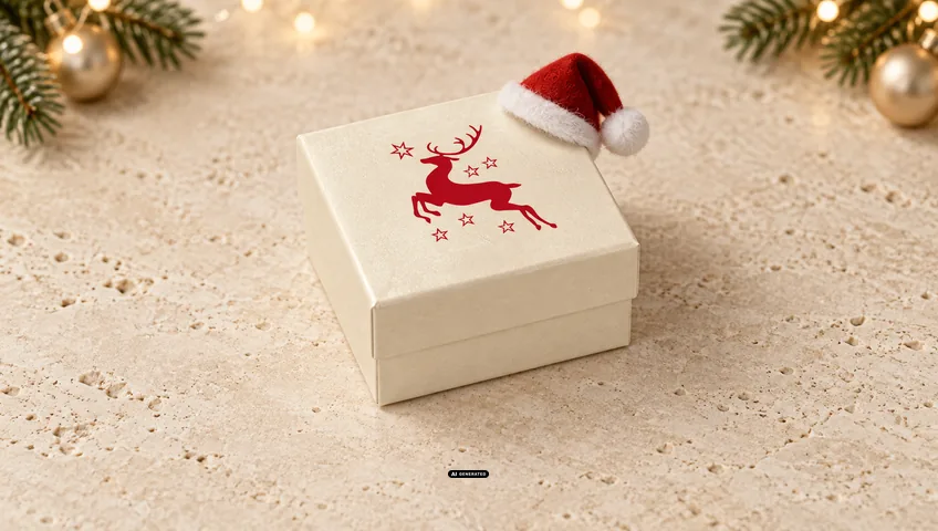 Boîte à bijoux LESER 0230 PLAIN crème avec le motif de Noël DEER en rouge et un petit bonnet de Noël sur le coin du couvercle