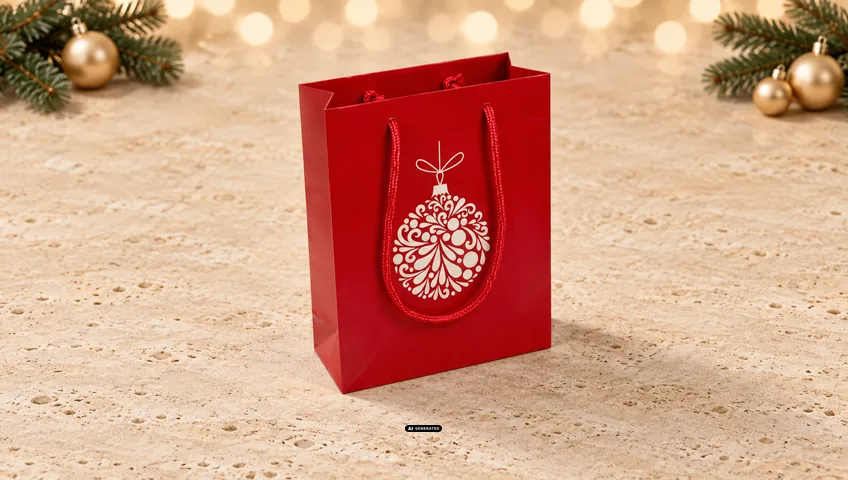 Sac en papier LESER rouge avec le motif de Noël BAUBLE blanc sur le devant