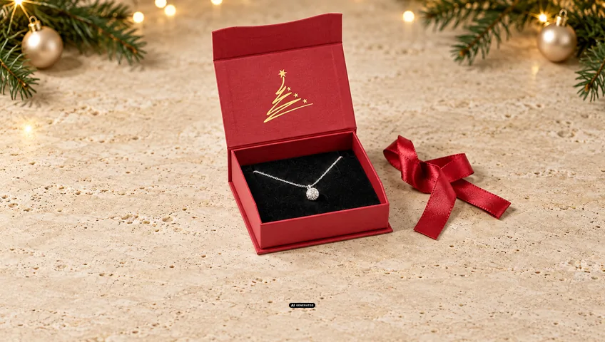 Écrin à bijoux LESER 0275 CELEBRATION rouge, ouvert, avec le motif de Noël TREE doré à l'intérieur du couvercle