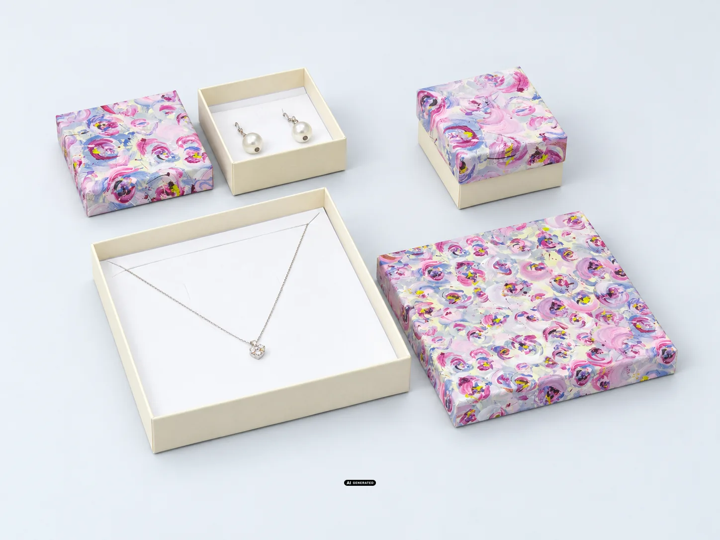 Boîtes en carton de la série 0140 FLOWER en floral/crème avec bijoux