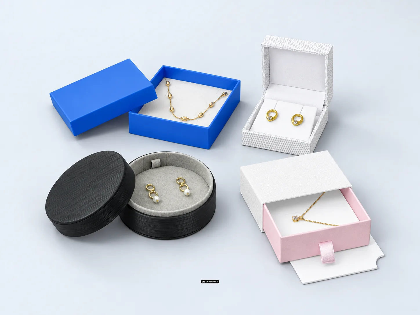 Écrins à bijoux des séries 1560 EARTH, 5920 ROUND, 5514 ROMA et 0830 CASE avec bijoux